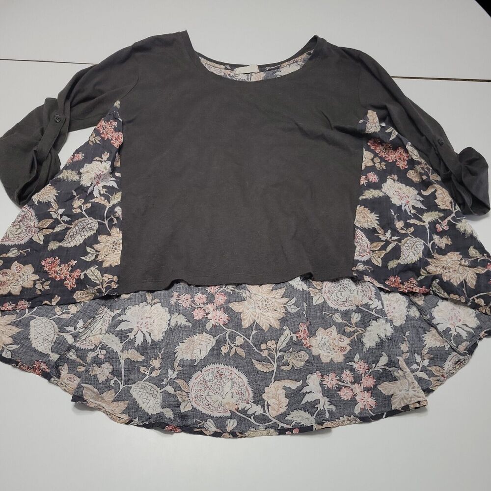 Altard State Women Small Oversize Boho Shirt Grey Split Roll Tab Sleeve Pullover